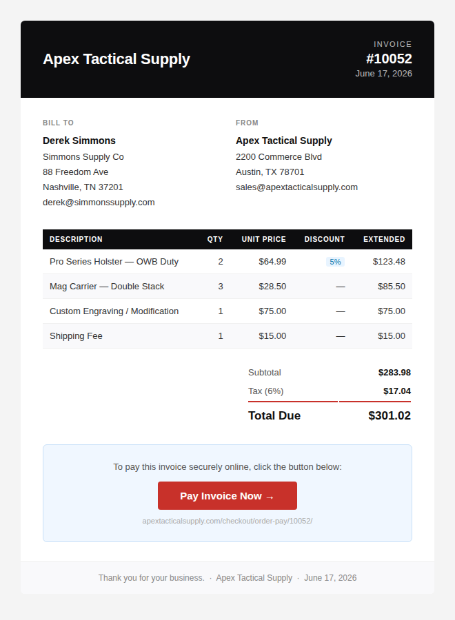 Branded customer invoice with line items, discounts, totals, and a Pay Invoice Now button