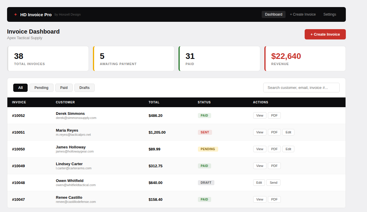 HD Invoice Pro dashboard showing invoice list, status filters, and revenue stats