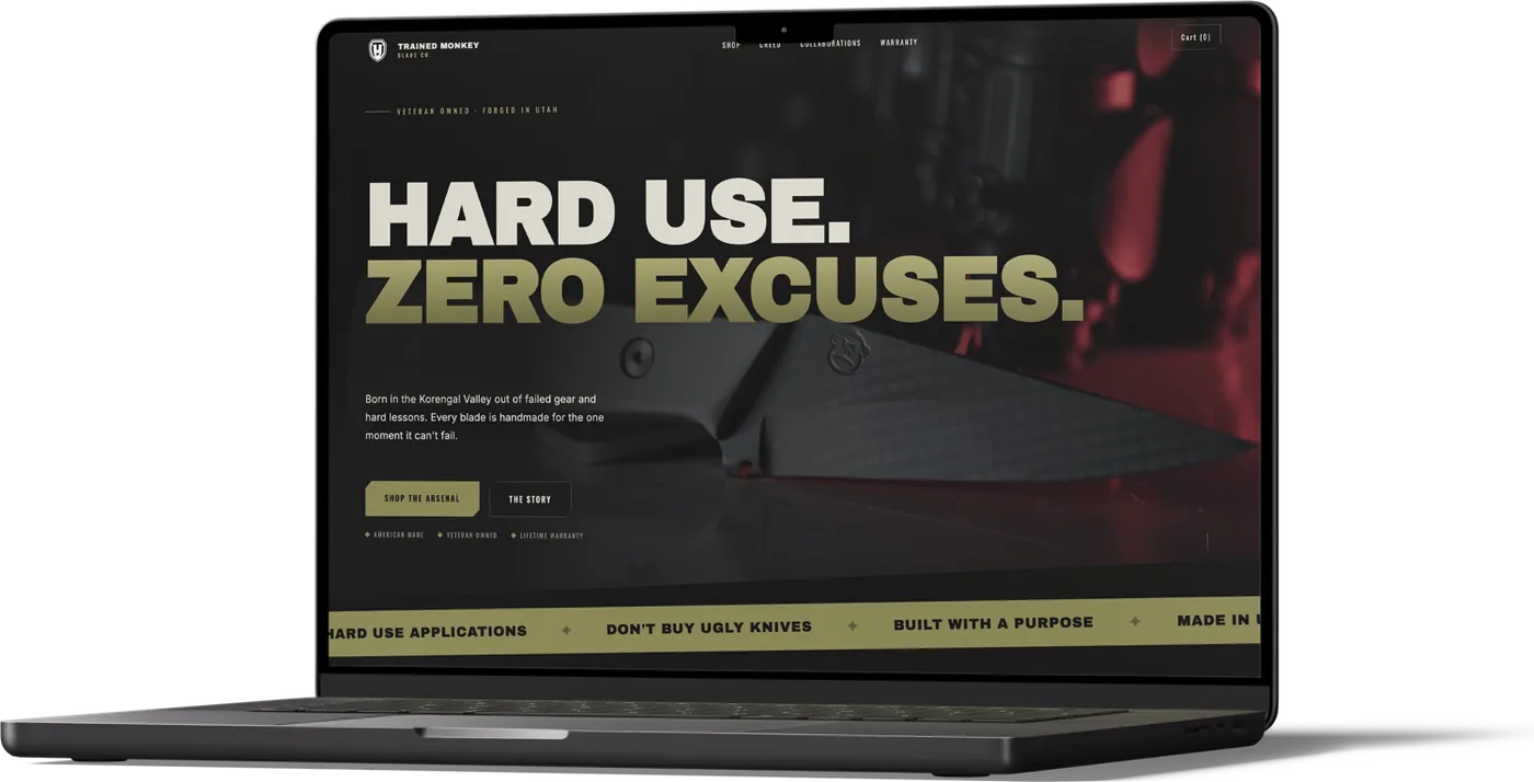 Trained Monkey Blade Co. site on a laptop